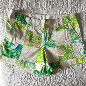 Lilly Pulitzer Cream Patchwork Floral Print Shorts in Green, Blue & Pink